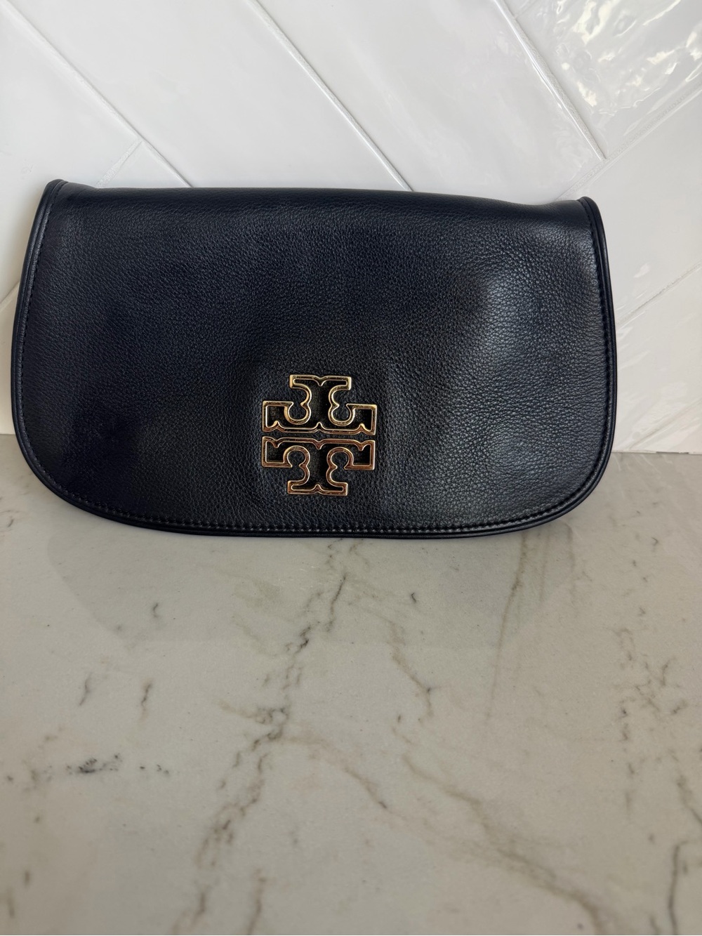 Tory Burch Amanda Black Leather Clutch with Gold Logo